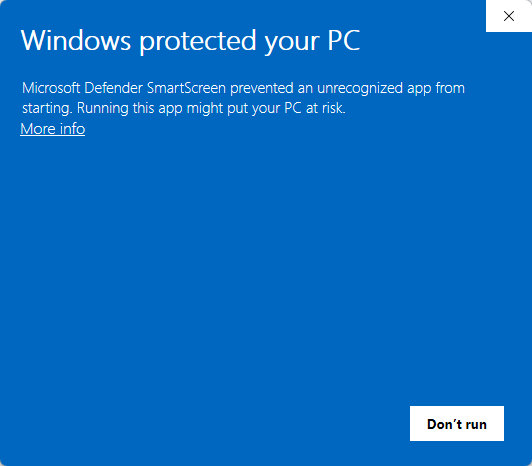 De melding van Windows SmartScreen zoals ze binnenkomt: “Windows protected your PC”, met de link More info.