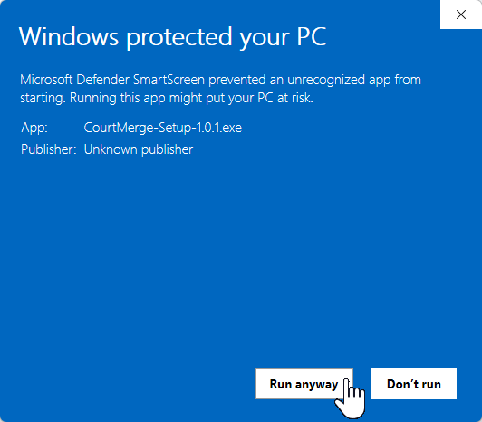 Dezelfde melding na het klikken op More info: de bestandsnaam CourtMerge-Setup-0.16.0.exe, “Publisher: Unknown publisher”, en de knop Run anyway.